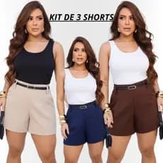 KIT 3 Short Alfaiataria Feminino Cintura Alta com Cinto Elegante Zero Transparência