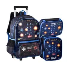 Kit Mochila Infantil Escolar com Rodinha Menino Video Game Luzinha Fliperama Arcade