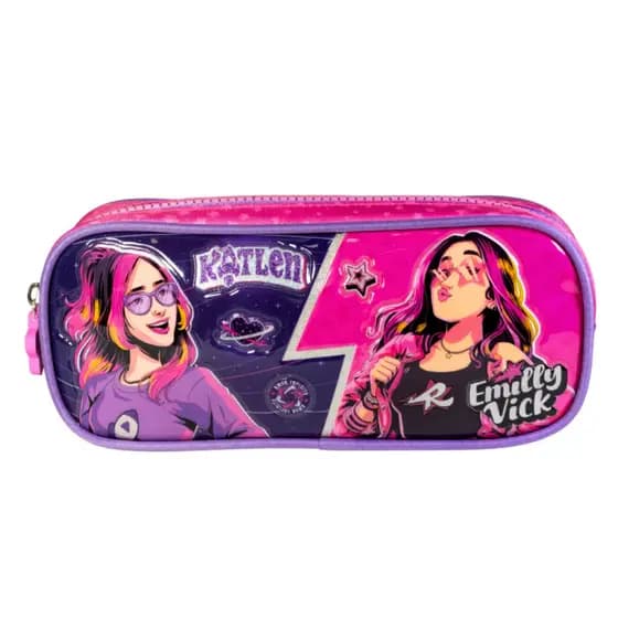 Estojo Escolar Emily Vick Original Clio Kids Feminino Rosa e Roxo Grande Resistente com Zíper Duplo 22cm Porta Lápis Inf