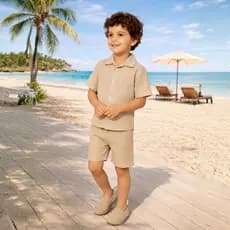 Conjunto Mauricinho Infantil Menino Linho Camisa Bermuda Botoes Gola Polo verao