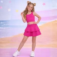 Conjunto de Academia Fitness Infantil Feminino Poliamida Top Short Saia