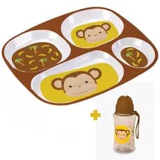 Prato Bebe Infantil Com 4 Divisórias + Garrafinha Introdução Alimentar Macaco Marrom