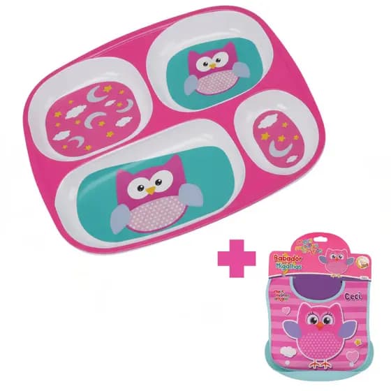 Prato Bebe Infantil 4 Divisória + Babador Rosa pega migalha Introdução Alimentar Coruja Ceci