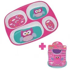 Prato Bebe Infantil 4 Divisória + Babador Rosa pega migalha Introdução Alimentar Coruja Ceci