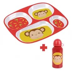 Prato Bebe Infantil Com 4 Divisórias + Garrafinha Introdução Alimentar Macaco Vermelho