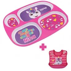 Prato Bebe Infantil 4 Divisória + Babador Rosa pega migalha Introdução Alimentar Unicornio Nina