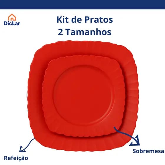 Kit Pratos Plástico Resistentes Vermelho Refeição + Sobremesa Ideal para Festas Churrasco Natal
