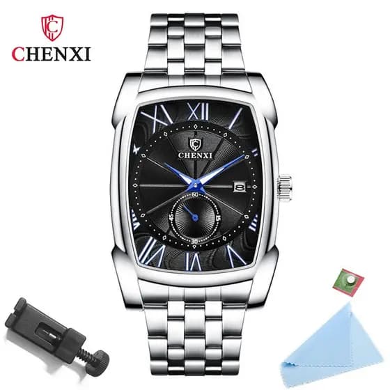 CHENXI Relógios Masculinos Marca Luxuosa Mostrador Grande Quadrado Prata Aço Inoxidável Moda Clássica Relógio À Prova D'