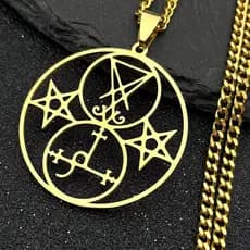 Colar de Aço Inoxidável com Sigilo do Pentagrama de Lilith da Igreja de Lúcifer, Colares de Pentagrama Redondo Oco de Sa