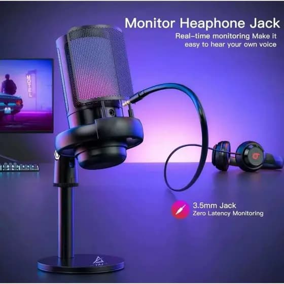 Microfone condensador RGB com entrada USB para fone de ouvido para transmissão ao vivo de jogos Lay-1070R