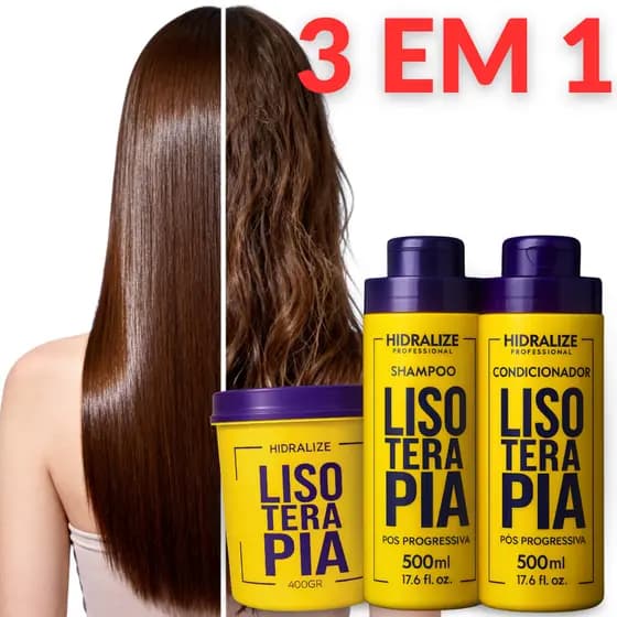 Kit Pós Progressiva Lisoterapia Shampoo Condicionador Máscara Reconstrutora Hidrataçã Brilho 3x1