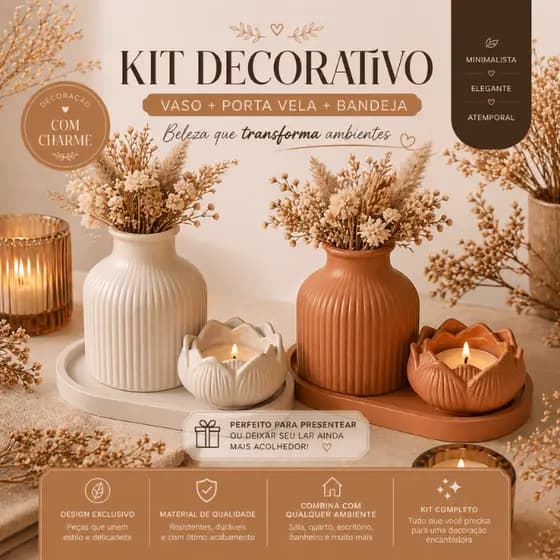 Kit 3 Peças Decorativas de Cerâmica Vaso Decorativo + Bandeja + Porta Vela Presente Sofisticado Mães