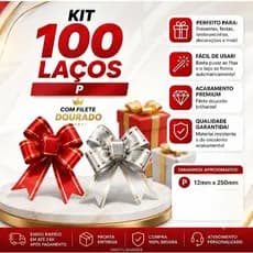 100 Laços Fácil Mágico com Filetes Dourado P – Presente – Com Cores Variadas Vermelho e Prata