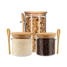 Pote De Vidro Redondo + Colher E Tampa Hermética Bambu 610ML