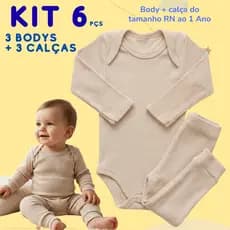 Kit 6 Peças Body Bebê Manga Longa + Calça Canelado Enxoval Maternidade 100% Algodão RN ao Tamanho 1