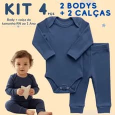 Kit 4 Peças Body Bebê Manga Longa + Calça Enxoval Canelado 100% Algodão Maternidade RN ao Tamanho 1