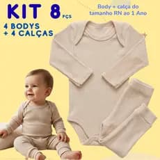 Kit 8 Peças 4 Bodys Bebê Manga Longa + 4 Calças Conjunto Maternidade Enxoval Canelado 100% Algodão