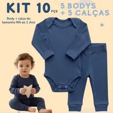 Kit 10 Peças 5 Body Bebê Manga Longa + 5 Calça Conjunto Canelado Enxoval Maternidade RN ao 1Ano