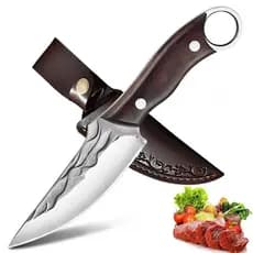 Faca de churrasco de aço inoxidável personalizada à mão para cozinha e acampamento + cobertura de couro