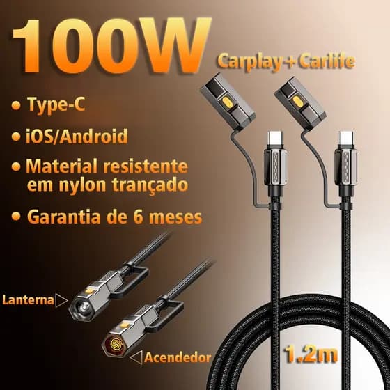 Cabo Tipo-C 1.2m 100W PD com Isqueiro e Lanterna, Nylon Reforçado