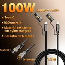 Cabo Tipo-C 1.2m 100W PD com Isqueiro e Lanterna, Nylon Reforçado