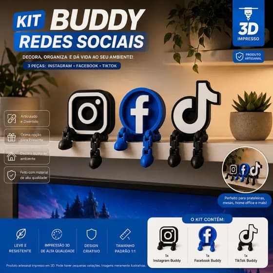 Kit Buddy Redes Sociais 3D Articulado Decoração Setup Gamer e Casa