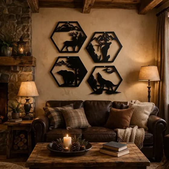 Kit 4 Quadros Decorativos Rústicos Animais - Lobo Urso Servo Natureza