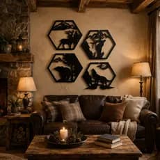 Kit 4 Quadros Decorativos Rústicos Animais - Lobo Urso Servo Natureza