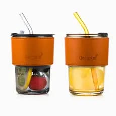 Copo De Vidro Diferente Drink Quente Ou Frio Canudo Tampa Caneca Detalhe Couro 400ml Com Coldre