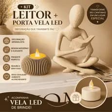 Kit Escultura Leitor + Porta Vela LED Decorativo | Presente Criativo Minimalista