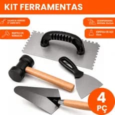 Kit ferramenta colher de pedreiro + Desempenadeira + Martelo borracha + espátula de aço