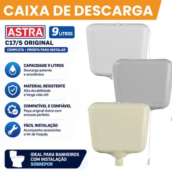 Caixa De Descarga Astra 9 Litros C17/S Original Banheiro Sobrepor Branca Cinza Bege Completa