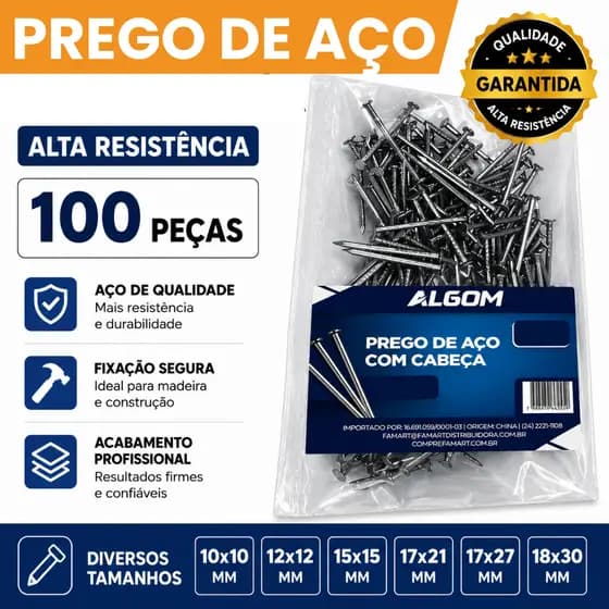 PREGO DE AÇO COM CABEÇA 100 PCS 10X10 / 12X12 / 15X15 / 17x21 / 17x27 / 18X30