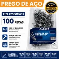 PREGO DE AÇO COM CABEÇA 100 PCS 10X10 / 12X12 / 15X15 / 17x21 / 17x27 / 18X30