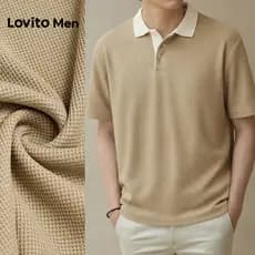 Lovito Men Camisa Polo Casual Plissada Primavera/verão Camisa Polo Cáqui para Homens L169ED006