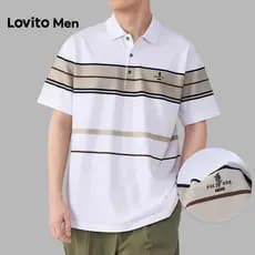 Lovito Men  Camisa Polo Casual com Padrão de Botão Camisa Polo Branca de Primavera/verão para Homens LNE142570