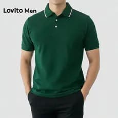Lovito Men  Camisa Polo Casual com Acabamento Contrastante Botão Camisa Polo Verde Primavera/verão para homens LNE142566