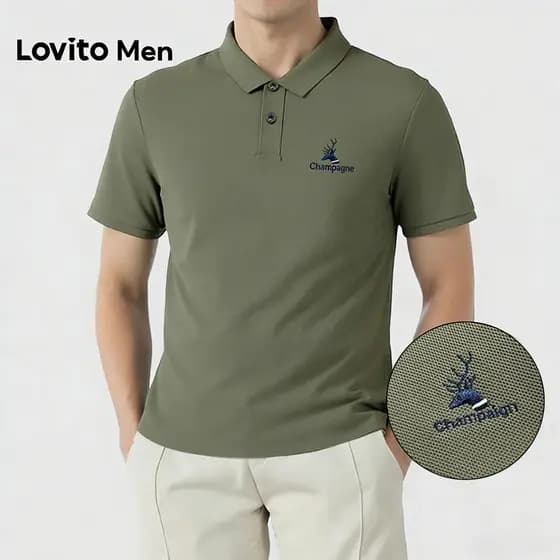 Lovito Men  Camisa Polo Casual Verde Exército com Botões e Bordado  Camisa Polo de Primavera/verão para Homens LNE142571