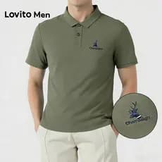 Lovito Men  Camisa Polo Casual Verde Exército com Botões e Bordado  Camisa Polo de Primavera/verão para Homens LNE142571