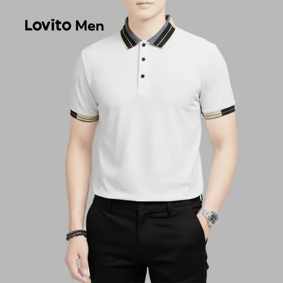 Lovito Men Camisa Polo Casual Color Block Primavera/verão Camisa Polo Branca para Homens LNE122192