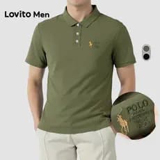 Lovito Men Camisa Polo Casual Bordada Primavera/verão Verde Camisa Polo para Homens LNE131066