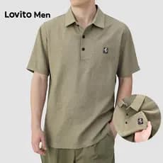 Lovito Men  Camisa Polo Casual com Botão Dobrável Bordado para Primavera/verão Camisa Polo Cáqui para homens LNE138173