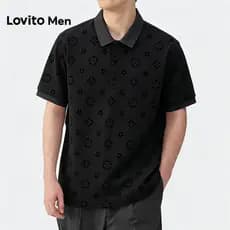 Lovito Men  Camisa Polo Casual com Botões Estampa de Primavera/verão Camisa Polo Preta para Homens LNE142507