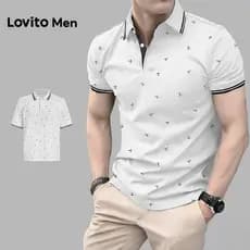 Lovito Men  Camisa Polo Casual Plissada Colorida Primavera/verão Camisa Polo Branca para Homens L181ED007