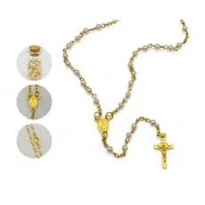 kit 6/12 Lembrancinha De Terço Nossa Sra. Aparecida Pérola Dourada Pequena Garrafa Com Fecho
