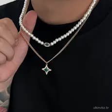 Colar Masculino Hip Hop Pérola Diamante Dupla Camada Streetwear Estilo Luxo Presente