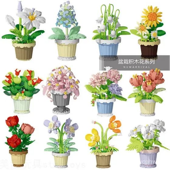 7219-30 Planta em vaso de flores Ornamento de flores Modelo Menina Crianças Montadas Bloco de construção Brinquedo Prese