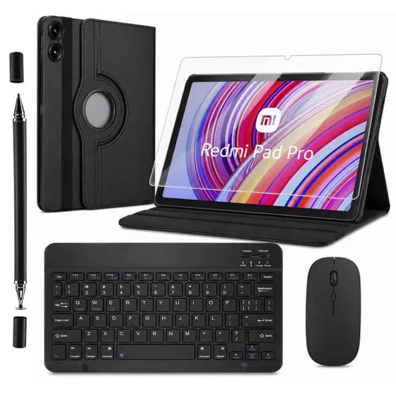 Kit para Redmi Pad Pro 12.1 Capa Giratória 360° + Mini Teclado e Mouse Bluetooth + Película de Vidro + Caneta Touch