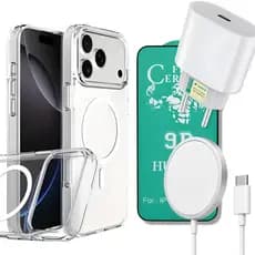 Kit para iPhone 17 Capa Silicone MagSafe + Carregador MagSafe + Fonte Tipo C + Película Cerâmica 3D