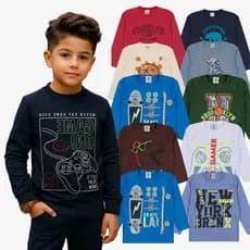 KIT Blusa Manga Longa Infantil 100% Algodão do Tamanho 1 ao 10 Anos - Camisa Manga Longa Infantil Menino Sortida